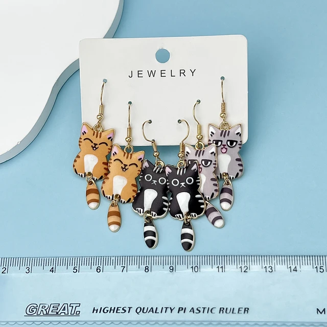 3 Pairs New Fun and Cute Enamel Alloy Hanging Tail Cat Dangle Earrings Colored Cat Ear Jewelry Set Lovely Gift For Women Girls 6