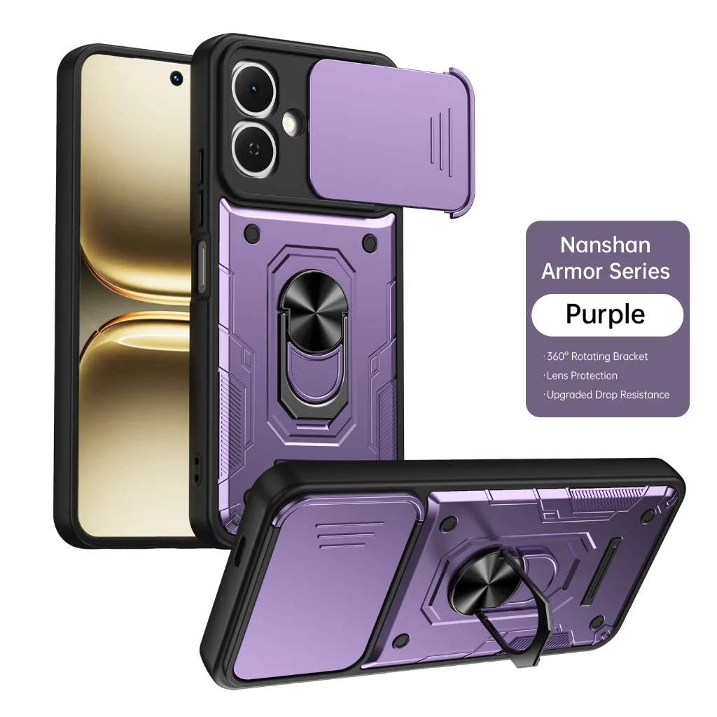 Shockproof Armor Phone Case with Slide Camera Protection and 360° Ring Holder Cover