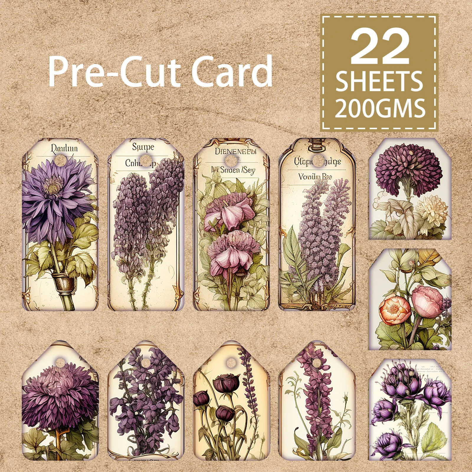 

22 Pc Retro Purple Flowers Lavender Background Die Cut Card Vintage Grunge Journal Planning Scrapbooking