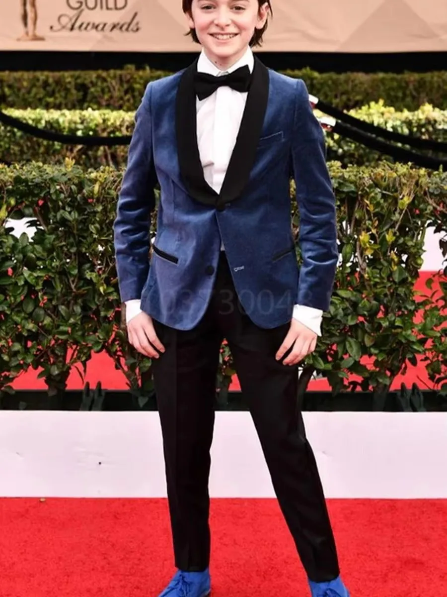 Gentleman Kids 1 Year Birthday Dress Navy Blue Velvet Jacket Pants Boys Suit Children Wedding Performance Party Piano Wear