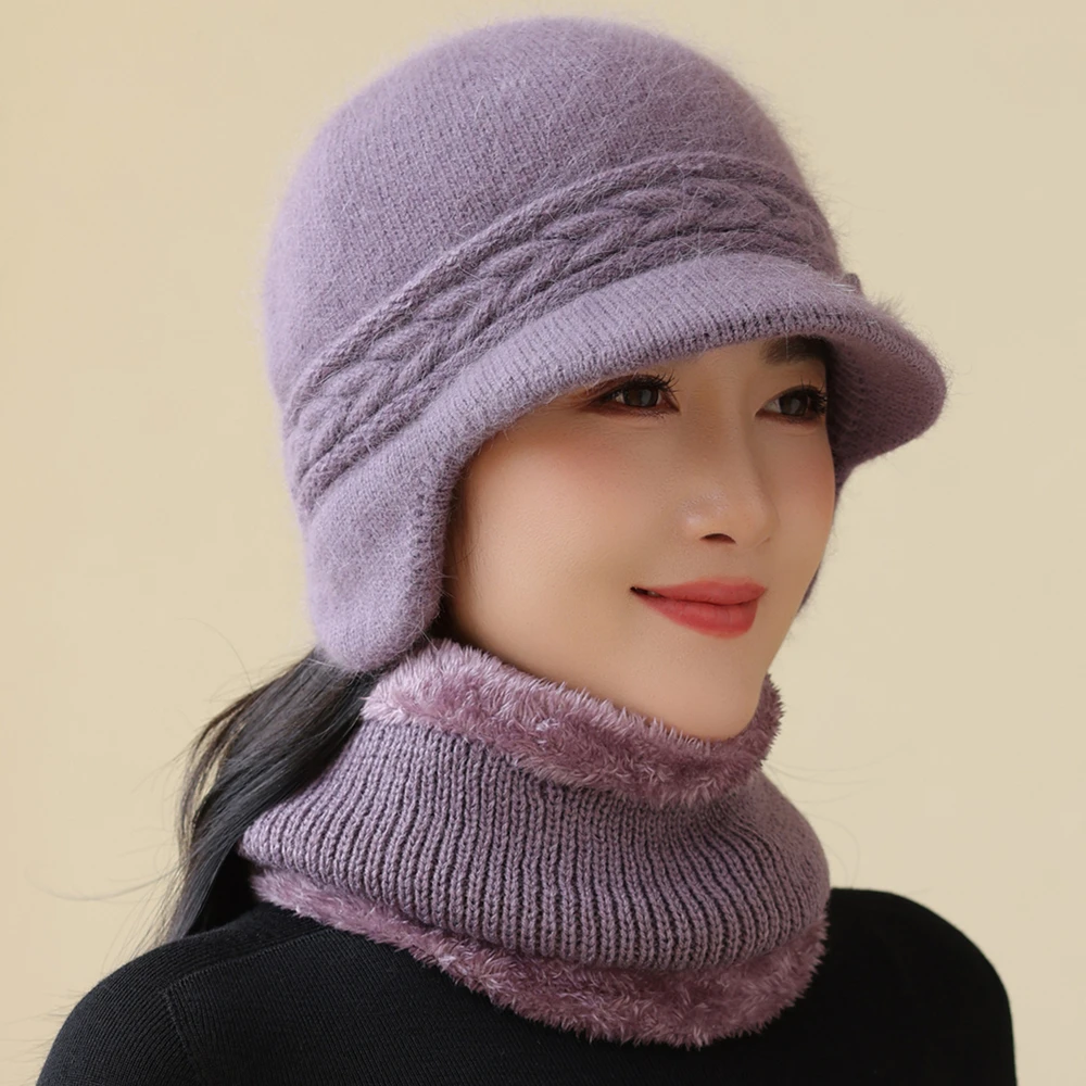 New Style Women Winter Hat Ear Protection Warm Suit Plush Fur Lined Warm Hats For Female Casual Rabbit Fur Winter Knitted Cap
