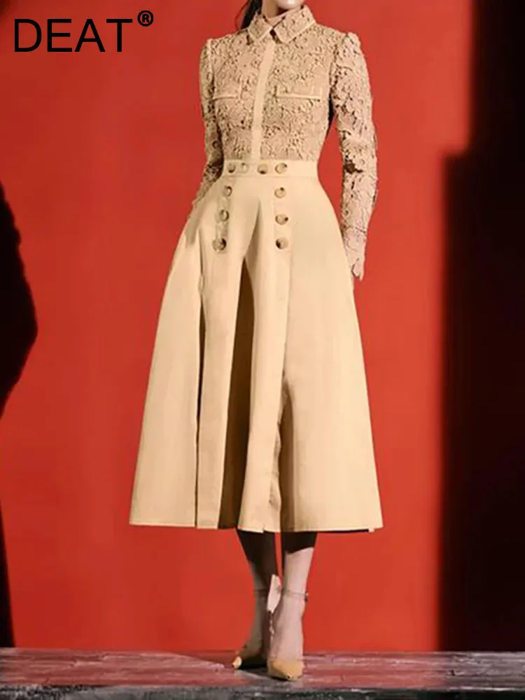 

Женское кружевное платье с отложным воротником DEAT, элегантное двубортное ажурное платье с длинным рукавом и вышивкой на талии, 13DB2219, весна 2024