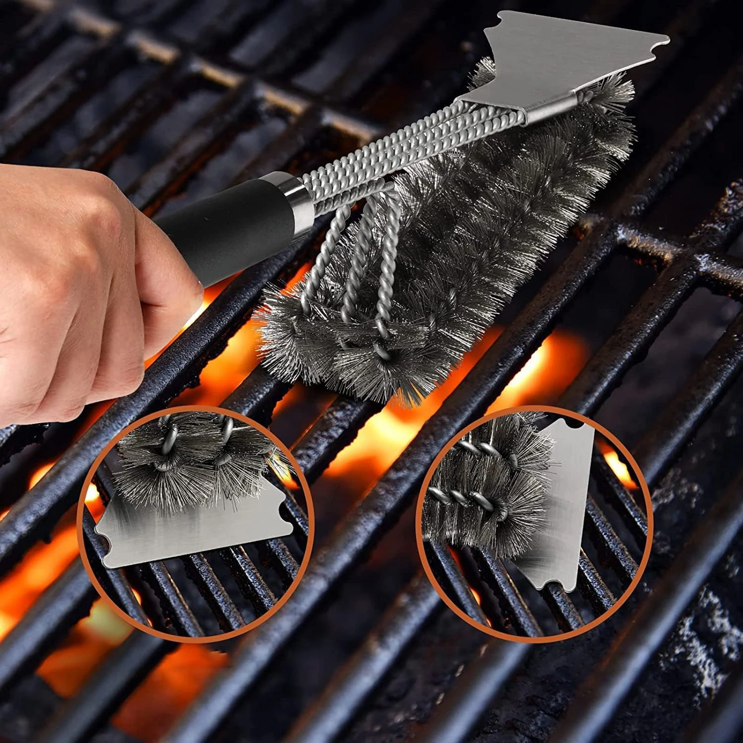 3-in-1 Grill Cleaning Brush BBQ Tool - Stainless Steel Barbecue Cleaner Brush Set Best BBQ Accessories for Kitchen
