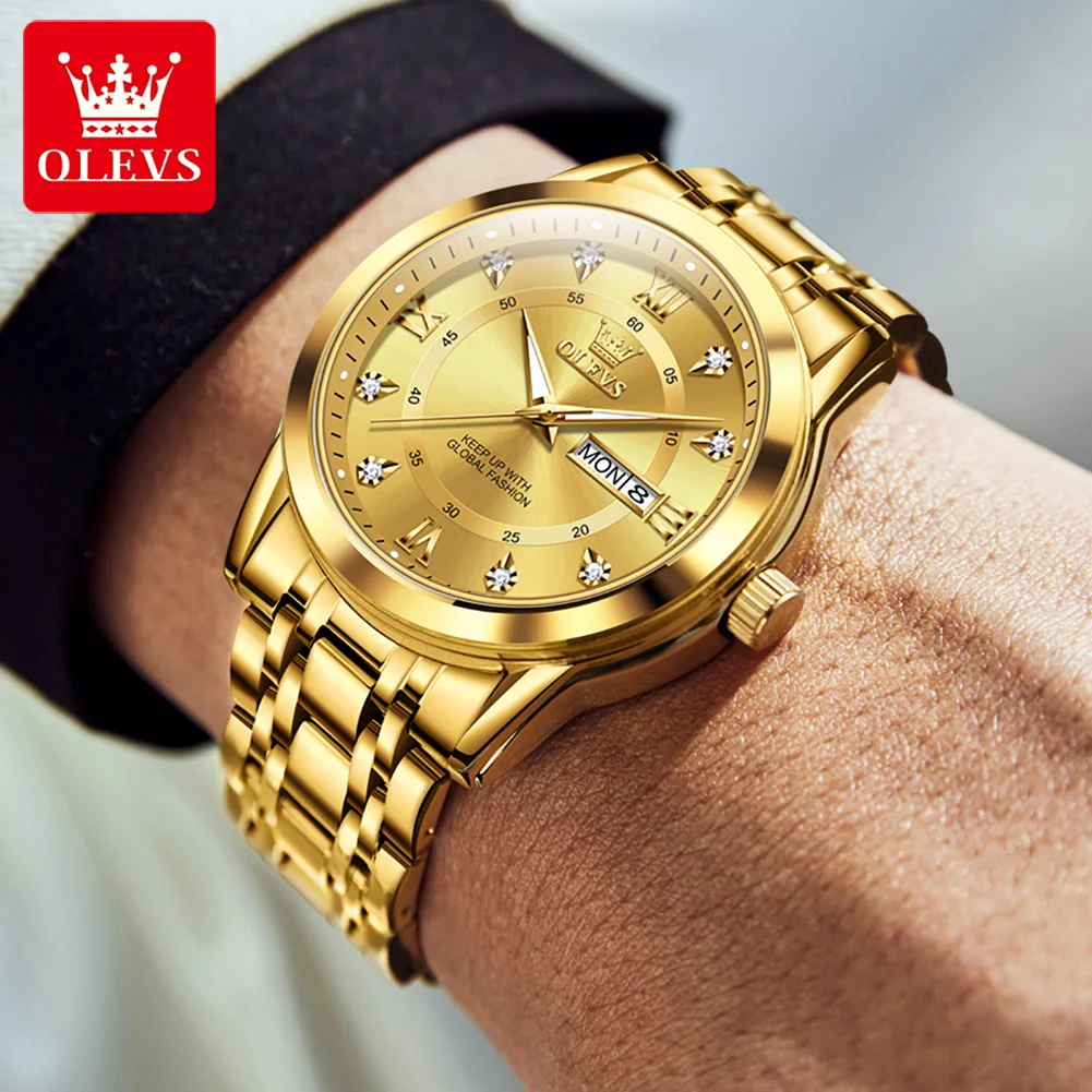 OLEVS Orologio da Uomo Argento e Oro Inossidabile Verde Grande Quadrante Analogico Acciaio Inossidabile Luminoso Impermeabile Wrist Watches for Men con Data Quarzo Regalo