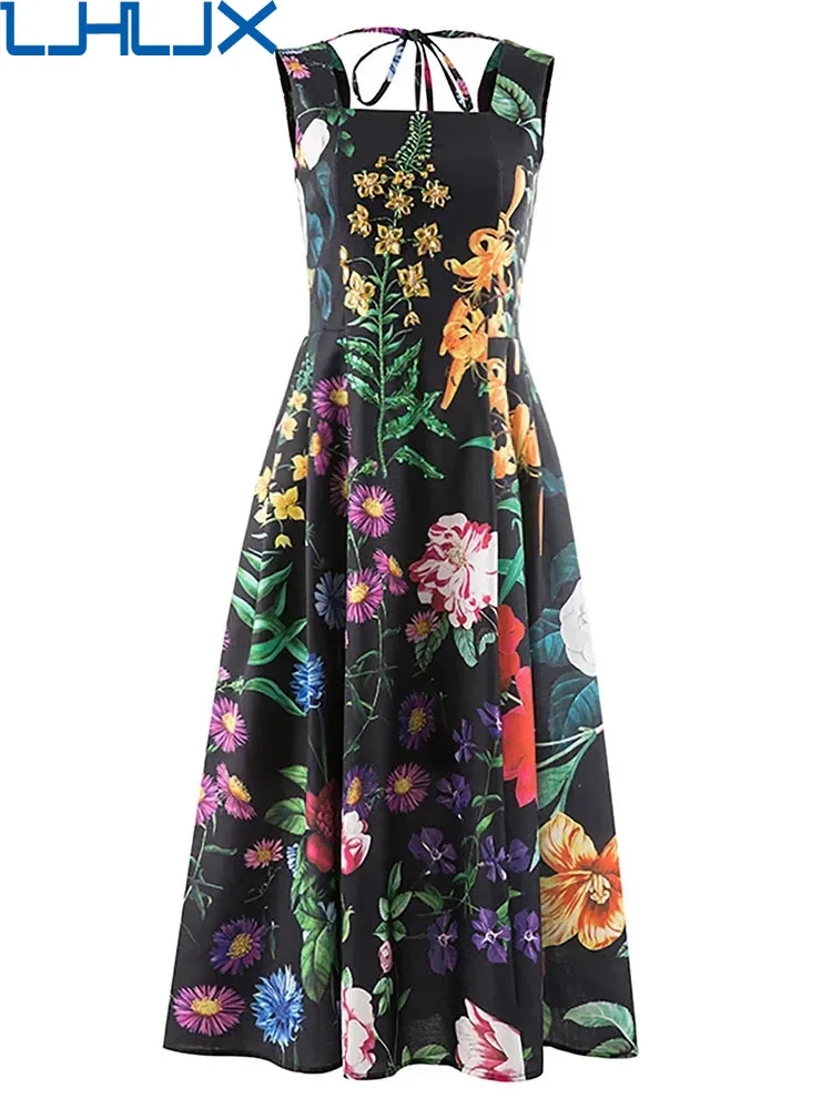 

LJHLJX Summer Loose Dress For Women Square Collar Sleeveless High Waist Print Colorblock Midi Dresses Female Clothing 2022