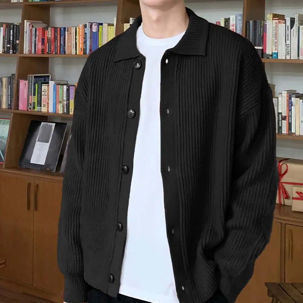 Men's Winter Knit Cardigan Coat Turn Down Collar Single Breasted Button Loose Fit Long Sleeve Jacket for Work School Dating knitted cardigan,knitted sweater coat,sweater coats,fleece cardigan
