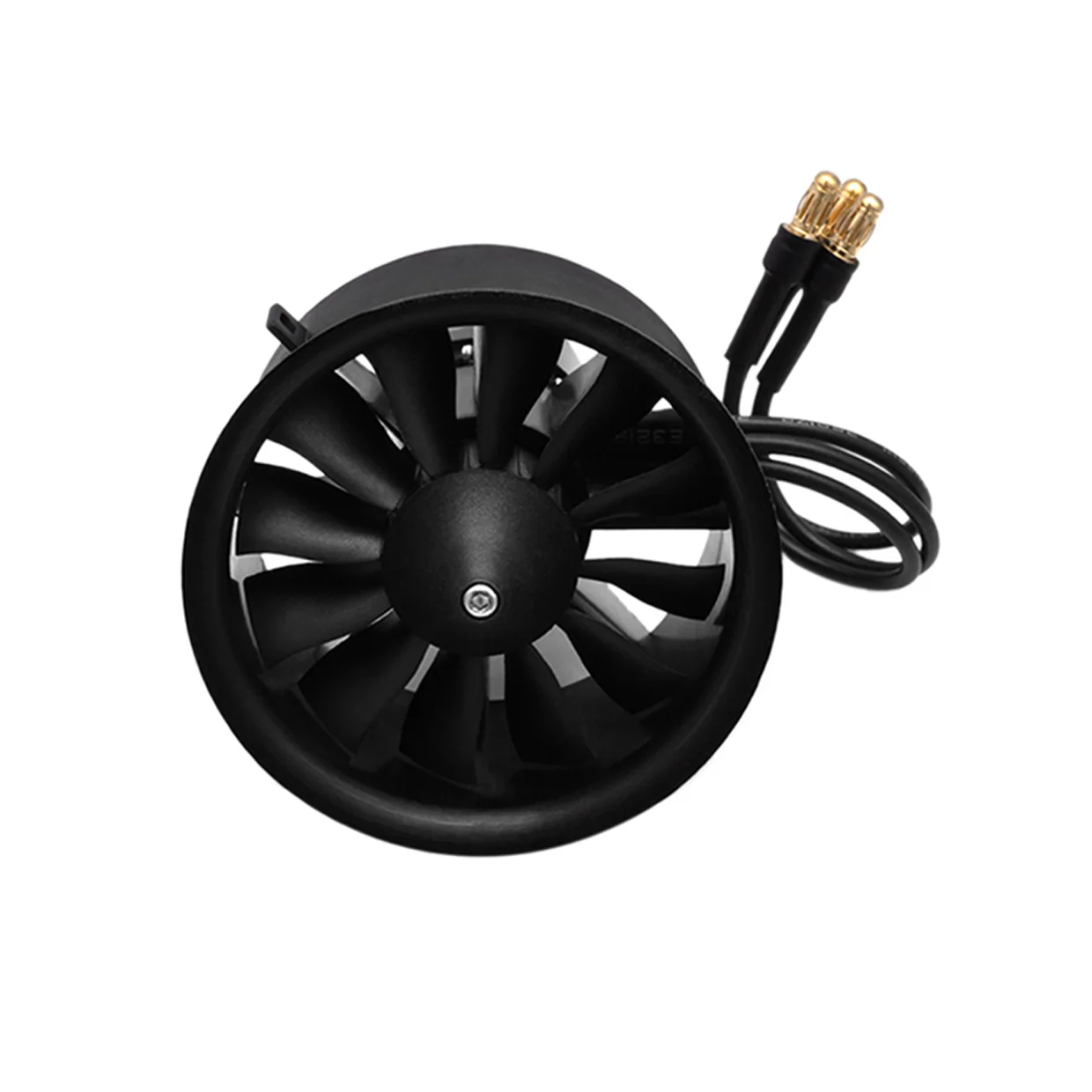 Moteur brushless haute performance pour avion RC posé sur fond blanc, avec ses câbles dénudés