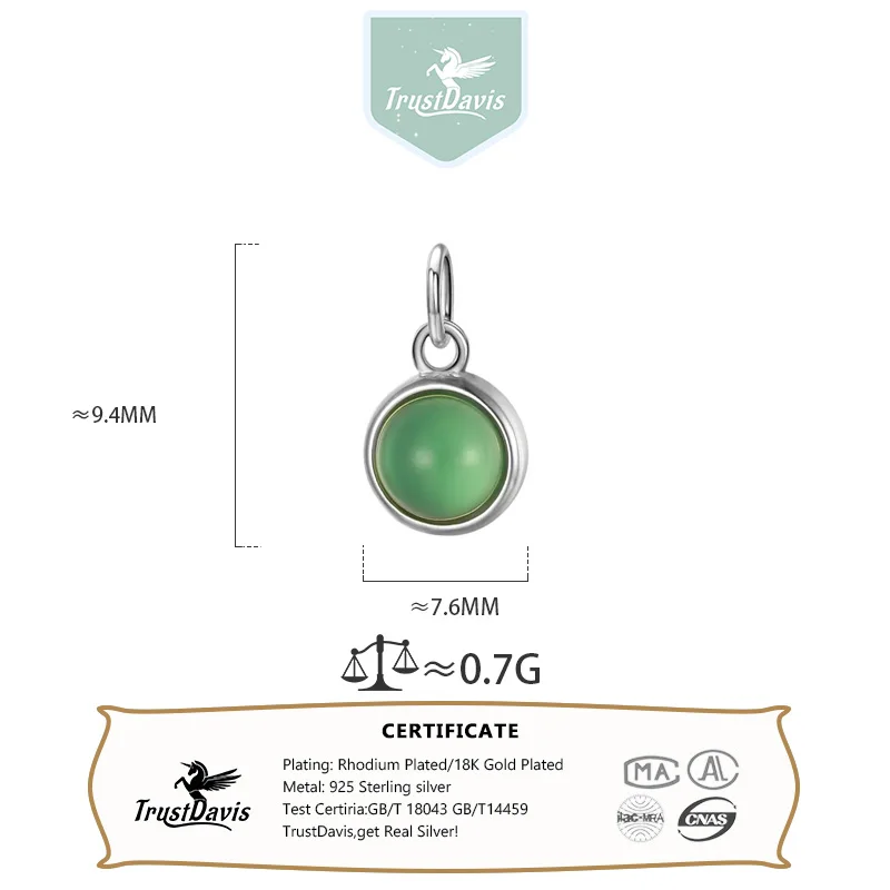 TrustDavis 925 Sterling Silver Fashion Round Green Chalcedony Charm Pendant DIY Accessories Jewelry HY321