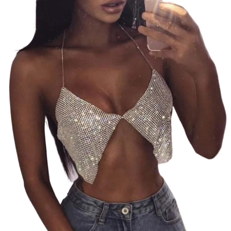 Damen Neckholder-Ketten-Crop-Top Silber Gold Metall-Fransen Körperschmuck Y2K Boho Streetwear Festival Outfit Sexy Ausgehöhltes Quasten-Crop-Top – Detail 3