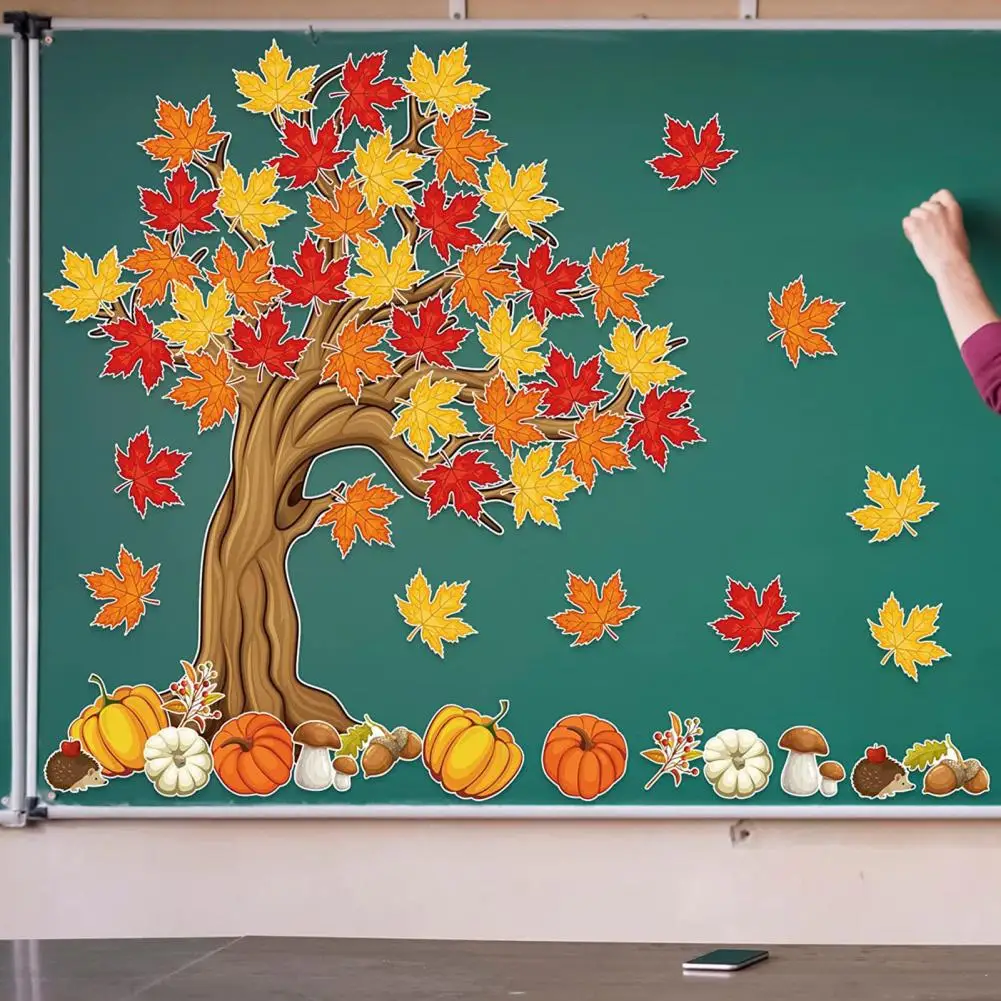 

Wall Paper Cutting Decor Fall Bulletin Board Decoration Big Tree Maple Leaves Pumpkin Hedgehog Mushroom Berries for Autumn