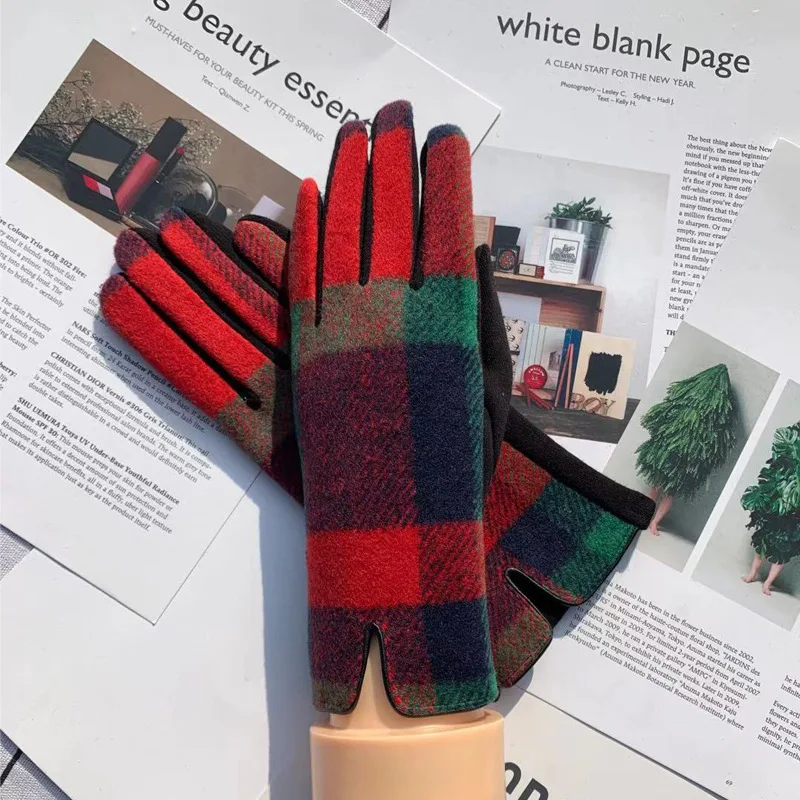 Neue Frauen Winter Wollstoffe Warm Halten Touchscreen Plaid Handschuhe Weiche Mode Elegante Stick Radfahren Kältebeständig Nicht Aufgebläht – Detail 7