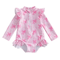 Girls' Floral Print Ruffled Swimsuit Bodysuit with Long Sleeves - 18-24 Months (7602A)