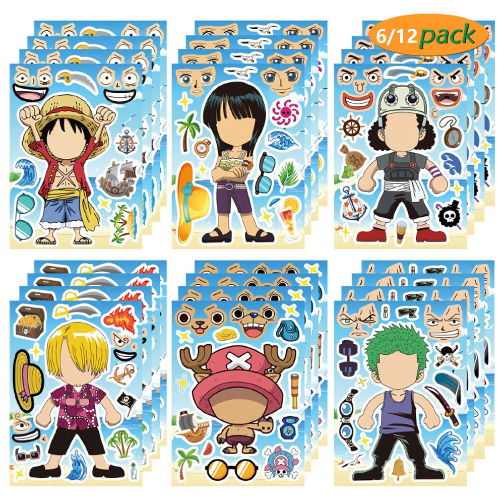 6/12Sheets Cool One Piece Anime Puzzle Stickers Luffy Make-a-Face Assemble Funny Cartoon DIY Decal Assemble Jigsaw Boy Kids Toy