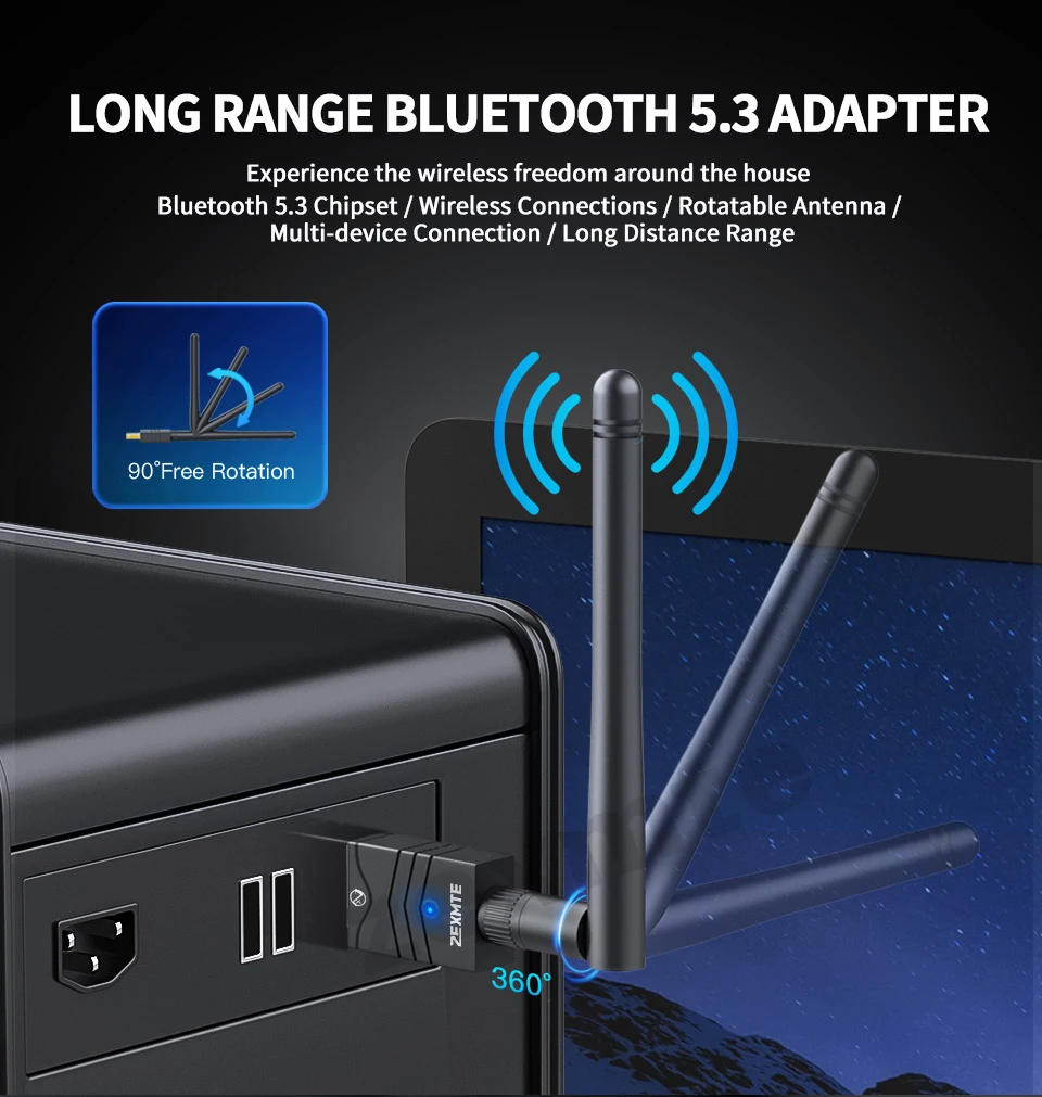 Adaptador Dongle Bluetooth Zexmte-usb 180m 5.3 5.1 5.1 Adaptador para Windows 11 e 10 Mouse Teclado Receptor de Áudio Transmissor - Imagem 2
