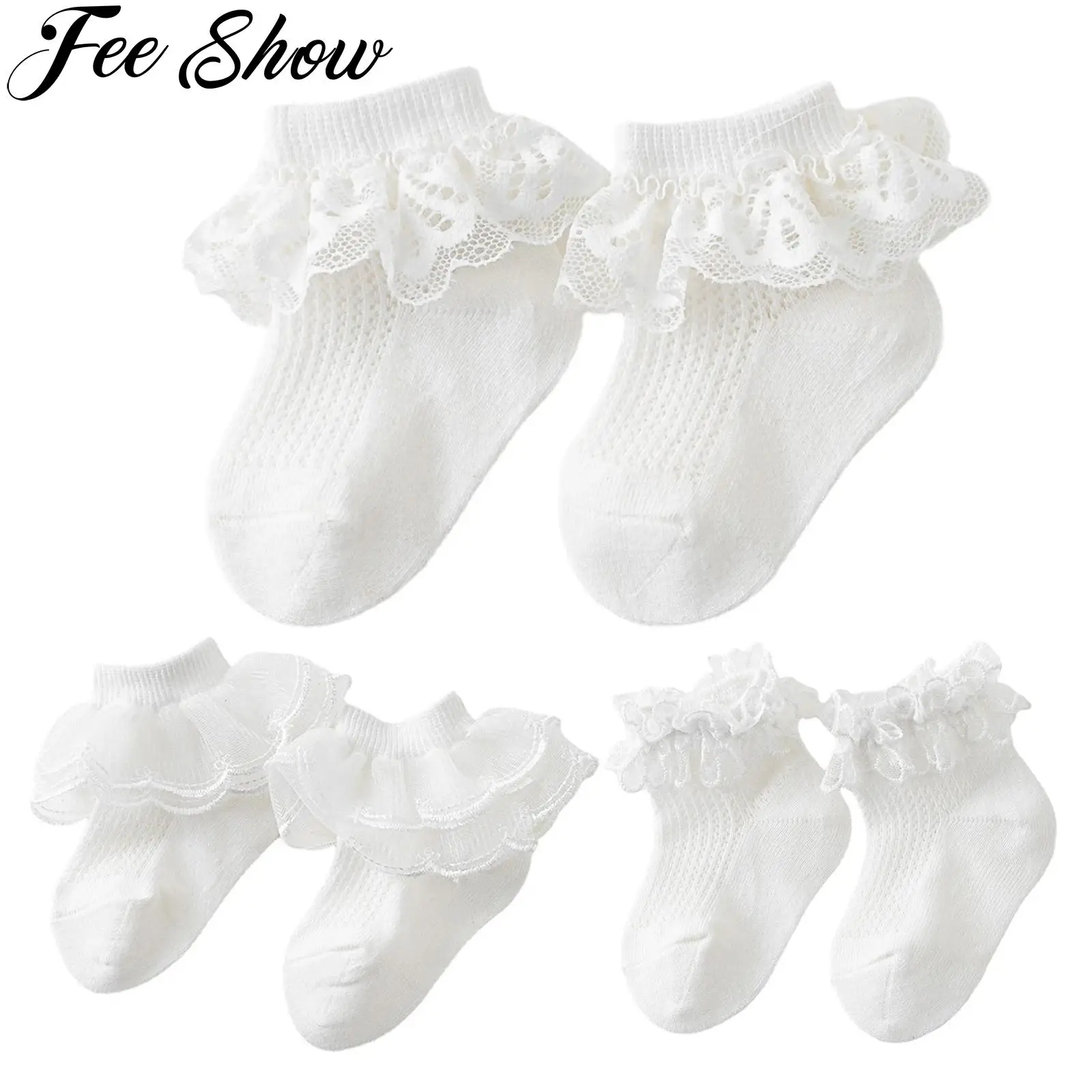 

3 Pairs Baby Girls White Socks Cute Newborn Infant Princess Dance Dress Ankle Sock Ruffle Lace Trim Comfortable Cotton Socks