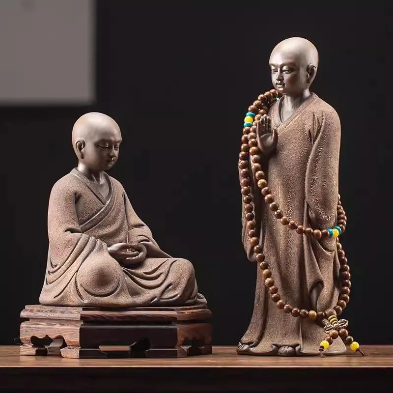 Ceramic Little Monk Sculpture, Purple Sand Art, Desktop Decorative Figure Statue, High-End, Home, Office, Tea Room, Retro Style