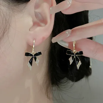 925 Silver Needle Korean Fashion Black Bowknot Drop Earrings For Women Jewelry 2025 Trending New Women's Crystal Earrings Brinco