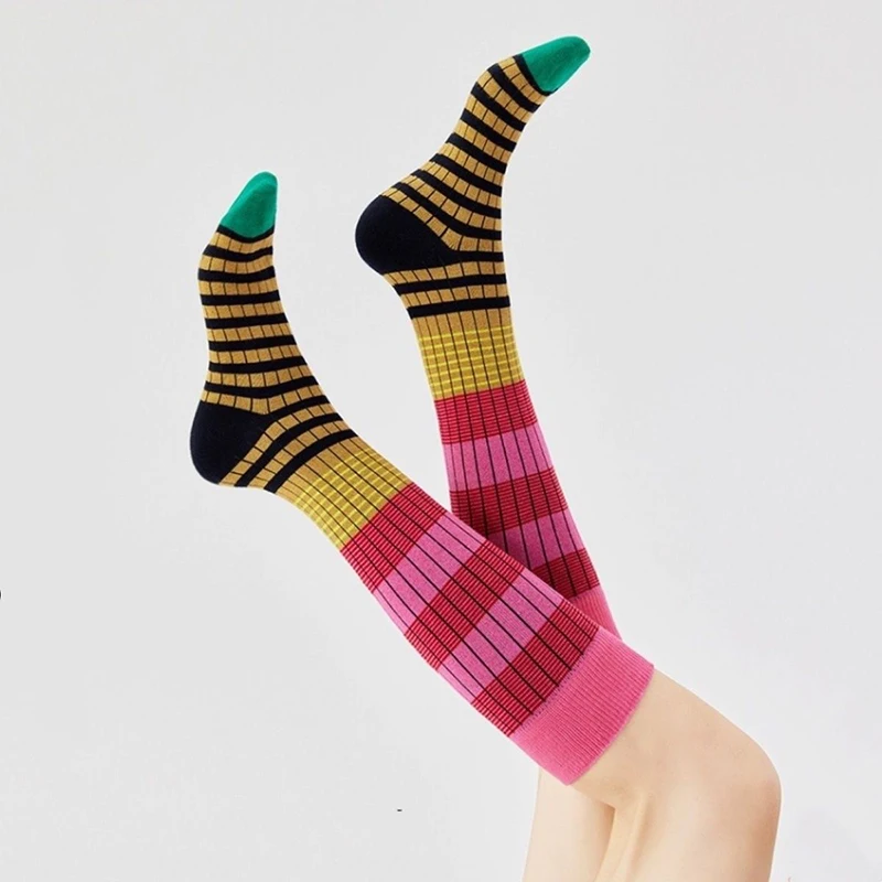 Calcetines A Rayas Para Mujer, Medias De Tubo Medio De Color Sólido, Estilo Retro Harajuku