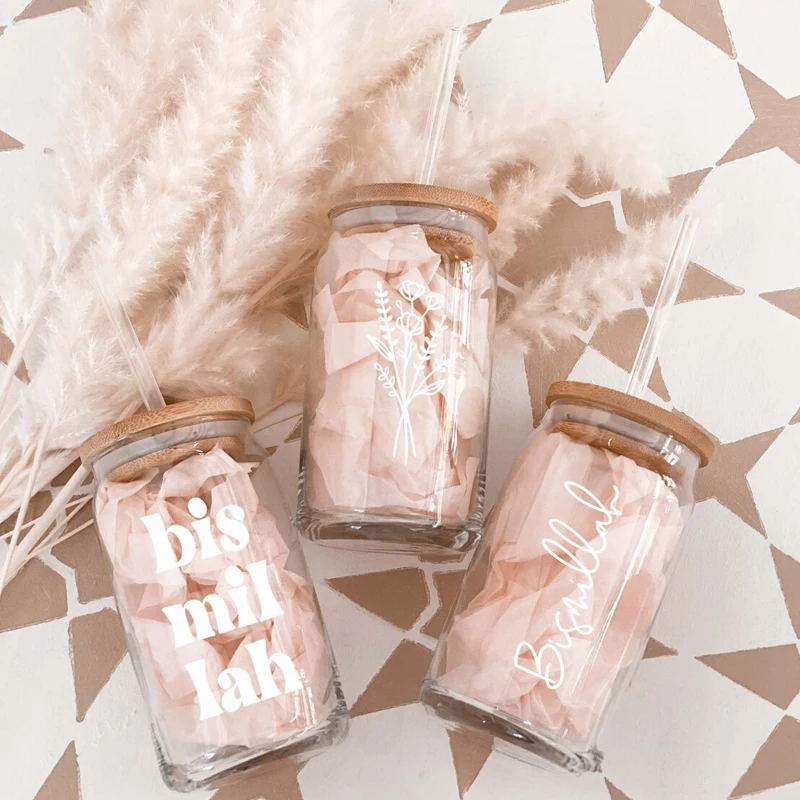 2025, Eid Al-Adha Bismillah, transparente Glasdose, Tasse mit Deckel, Strohglasdose, der Ramadan-Geschenke für Muslime schnellt, Eiskaffeetasse