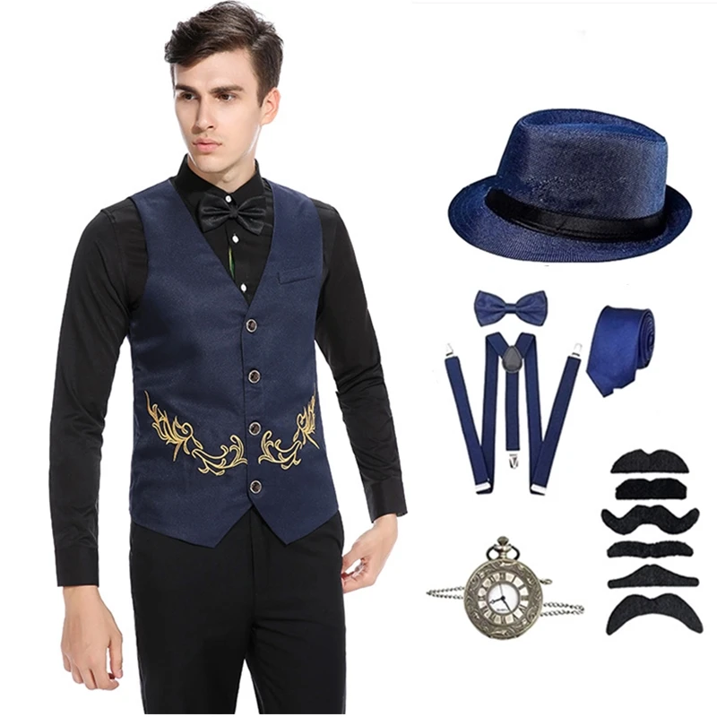 1920s Mens Gatsby Gangster Vest Costume Accessories Set Fedora Hat for Men Retro Costumes Anime Accessories Vintage Vest