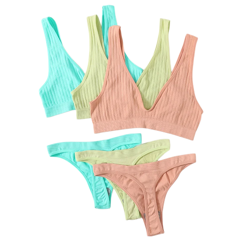 Women Deep V Seamless Bra Set Sexy Thong Low Waist Panties Ribbed Bra