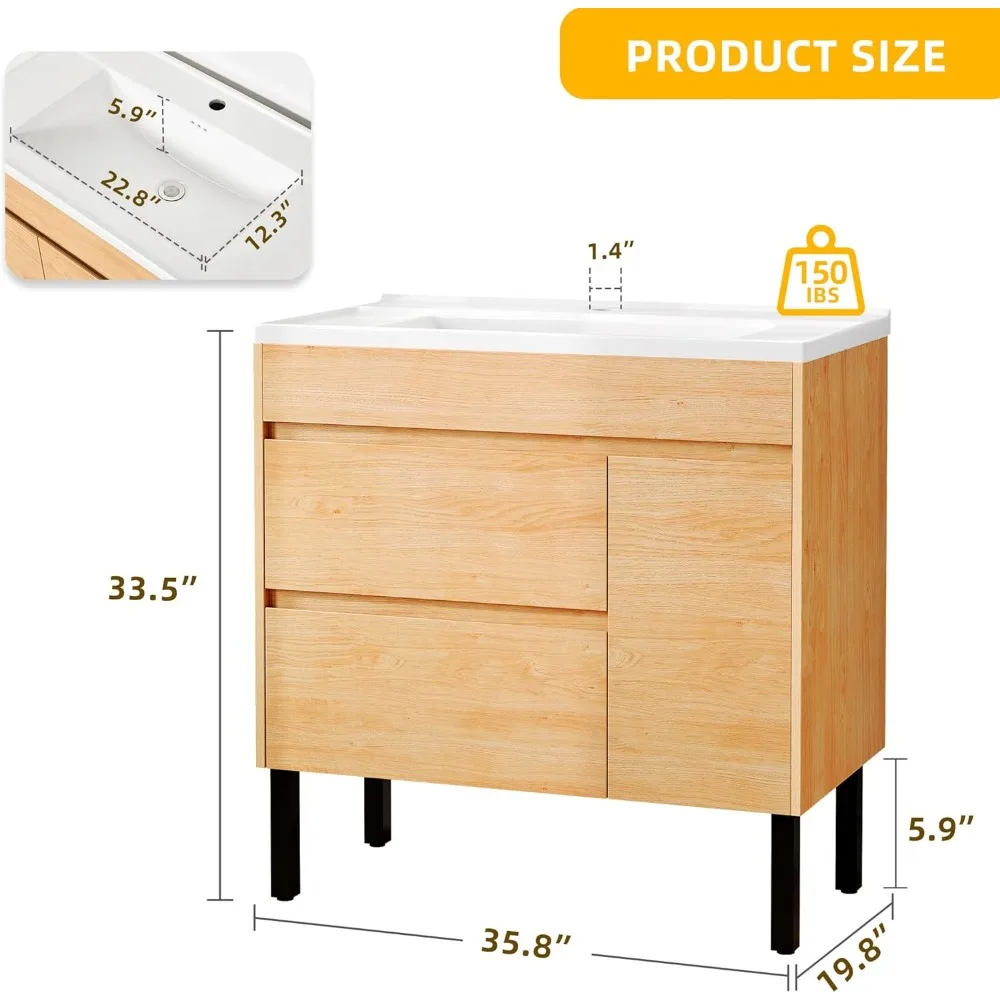 36 Inch Bathroom Vanity with Undermount Ceramic Sink, Natural Brown Bathroom Sink Cabinet, Modern Bathroom Storge Vanity 2