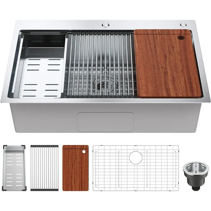 

Кухонная раковина, выдвижные Раковины из нержавеющей стали 304, одинарная раковина с верхним креплением с выступом и аксессуарами, 33 дюйма