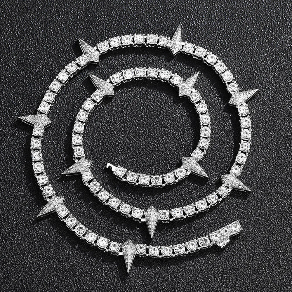 Hip Hop Iced Out Spike Black Panther Necklace 5mm Tennis Chain Bling Cubic Zirconia Rivet Wolf Tooth Charm For Men Women Jewelry fang tooth necklace