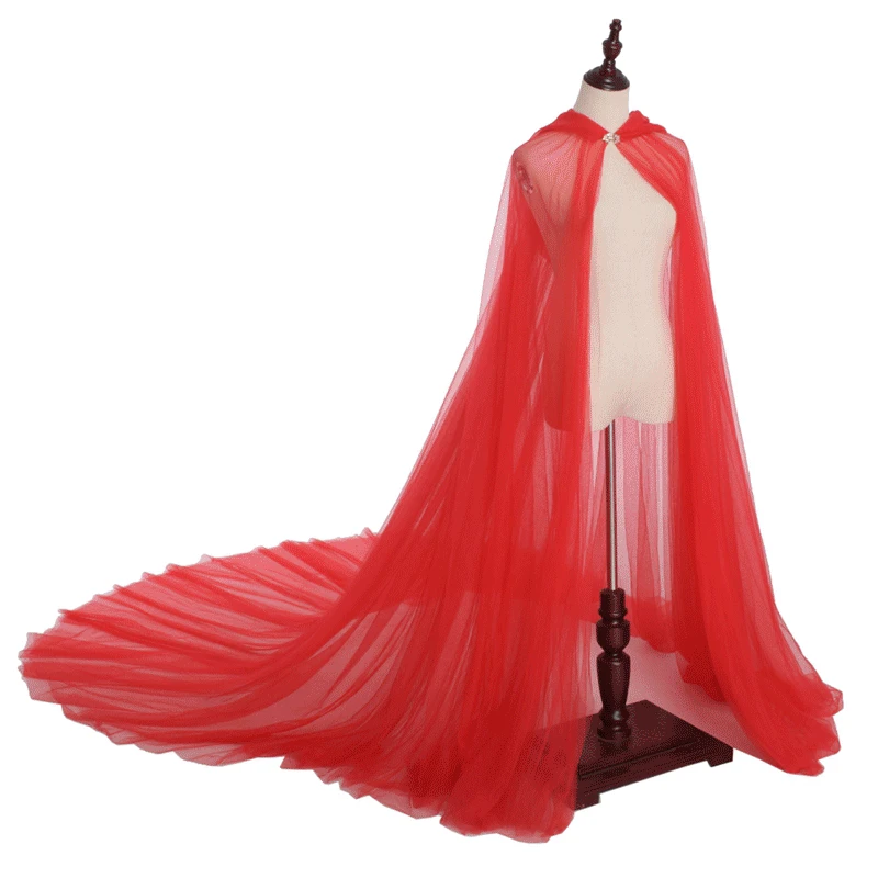 

Halloween Costume for Women Hood Tulle Cape Cloak Black White Red Wedding Bridals Floor Length Soft Mesh Cloaks