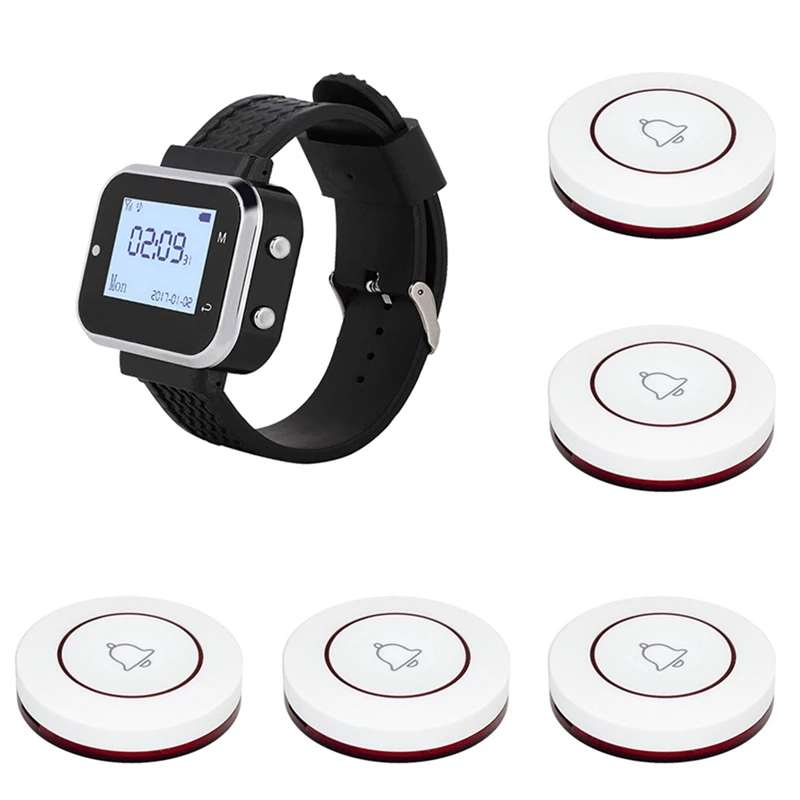 GO-Wireless Calling System 5 Table Call Button Transmitters 1 Watch Pager, Restaurant Waiter Service Bell Buzzer
