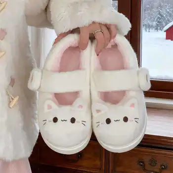 New fuzzy house slippers woman sweet furry cat designer mary janes shoes for women thick sole home slipper floor shoes bedroom 1