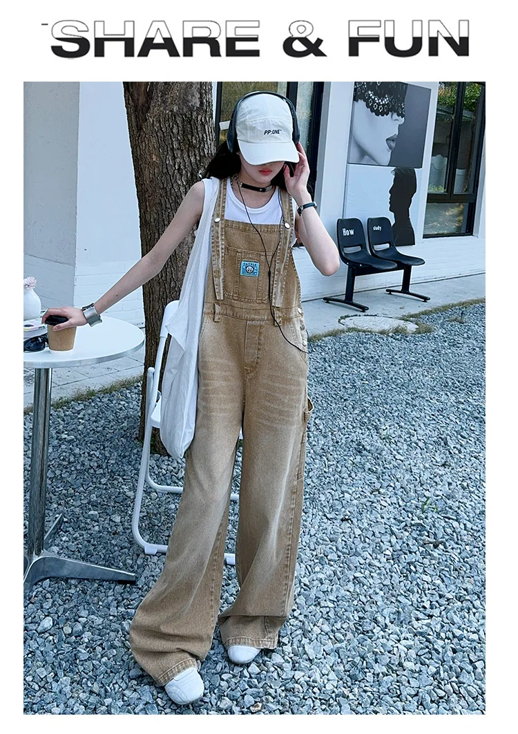summer teen girls water washed punk wide leg jumpsuit junior kids loose slimming casual Cowboy overalls 4-14 child ropa trousers