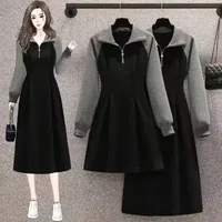 2024 New Style Plus Size Women's Polo Collar Dress Autumn/Winter Color Block Cropped Long Dress Sensibility Niche Design