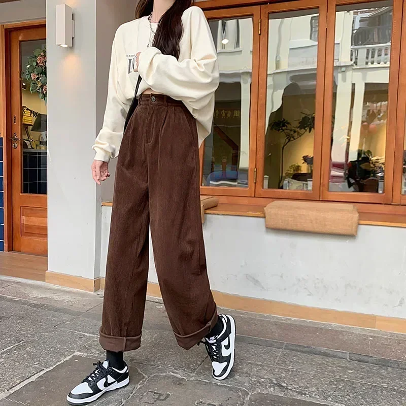 Retro High Waist Wide Leg Pants for Women Casual Straight Corduroy