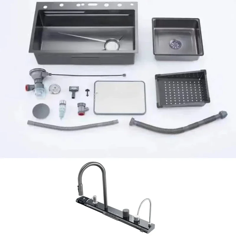 Stainless Steel Kitchen Waterfall Sink Embossed Digital Display Large Single Slot All-in-one Faucet Multi-functional Wash Bain 6