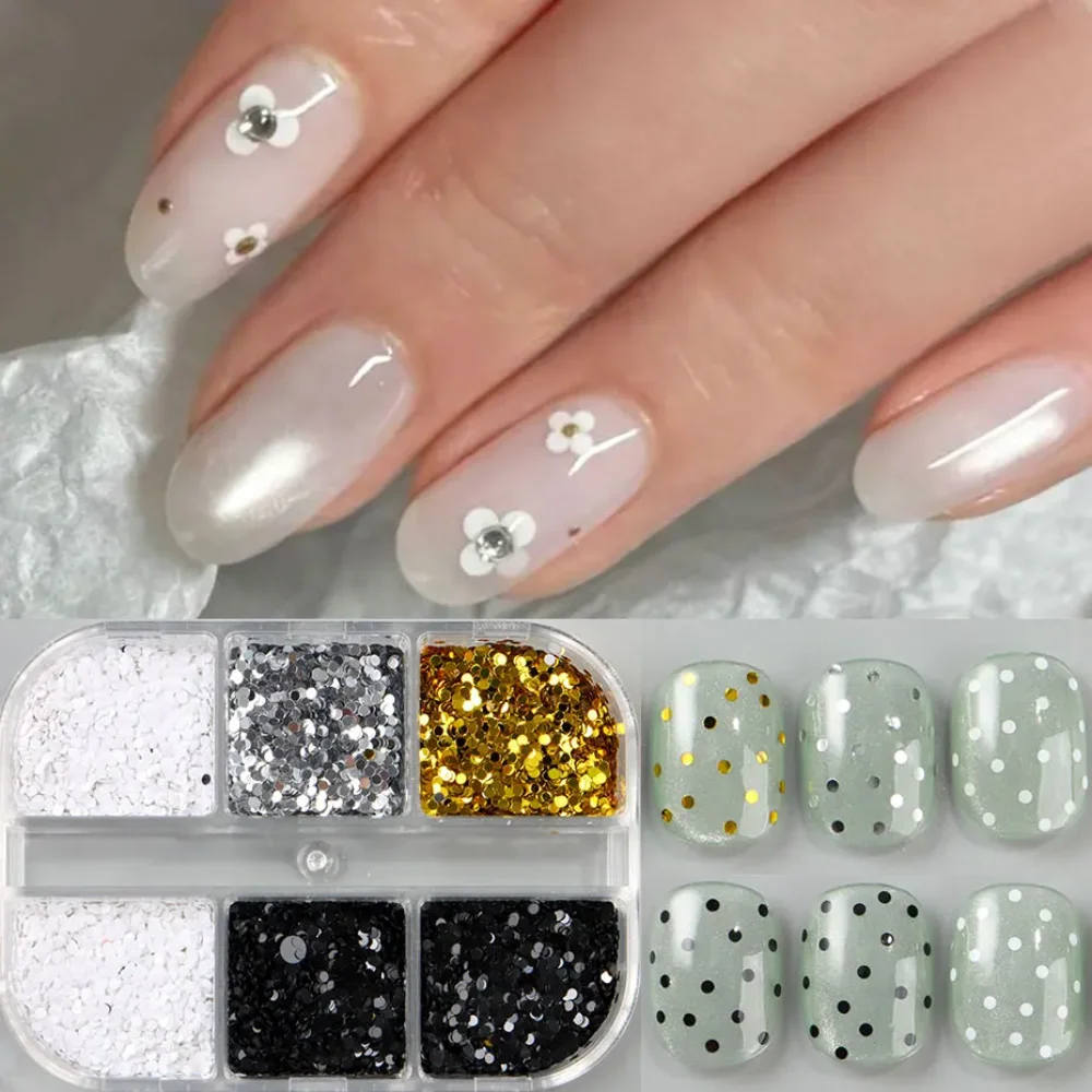 1 Box of 6 Grids 3D Mini Round Nail Sequin Kawaii Korean Black Dot Nail Art Flake Y2K Golden Silvery Shinny Charms Accessories