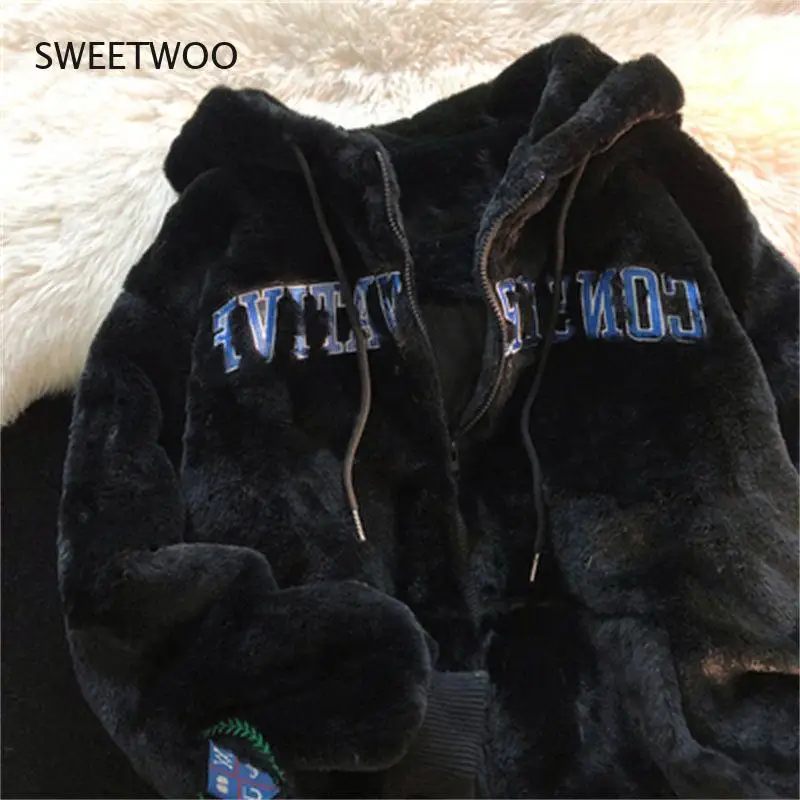 Lamb Plush Winter Clothes Women Vintage Letter Embroidery Thickened Sweatshirt Women Tops Loose and Lazy Hoodies Women Coat 2022