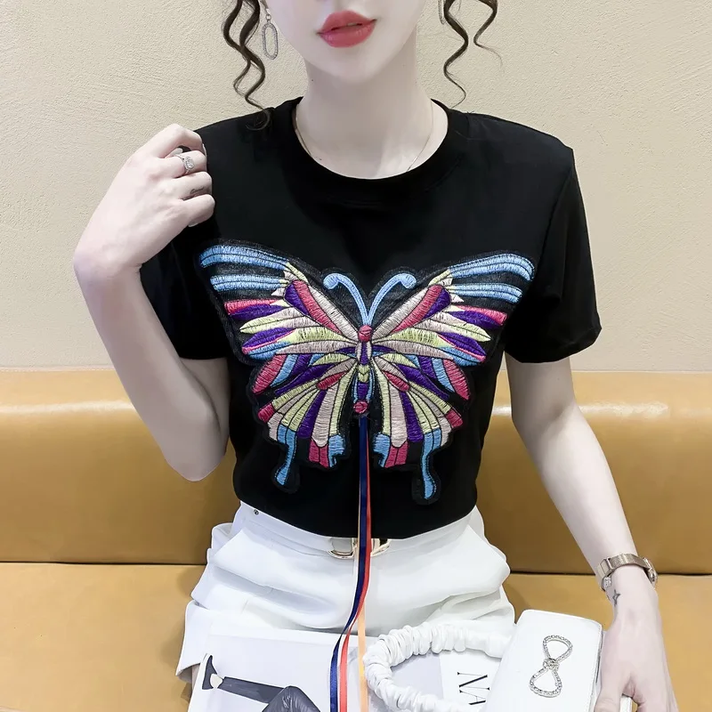 

Summer 2023 Design Butterfly Embroidered T-shirt Women Short Tshirt Crop Tops Tees Slim Short Sleeve Black White 32975