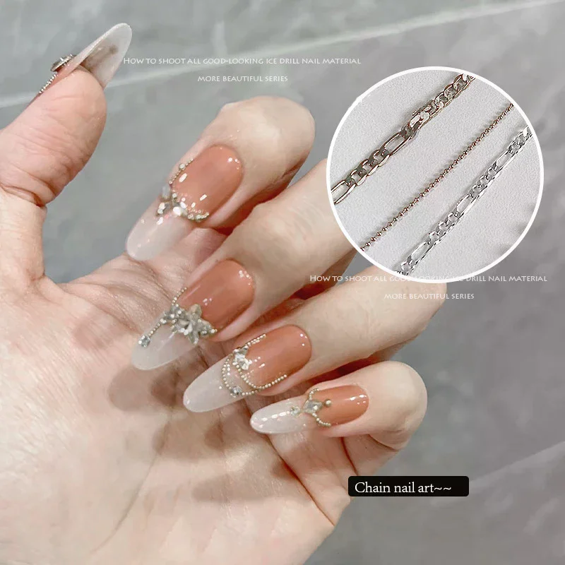 60cm Gold Silver Alloy Nail Chains & Stone Beads - 3D Punk Style Nail Jewelry Charms for DIY Manicure Decorations Accessories