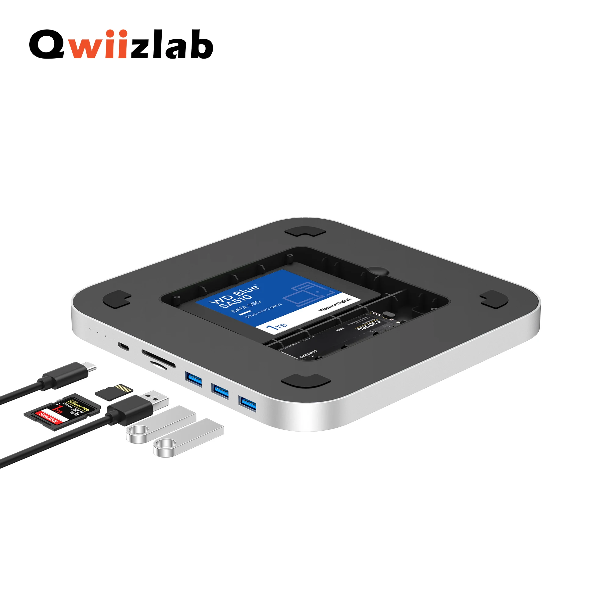 Qwiizlab USB C Hub for Mac Mini M2 M1 with Dual Drive Enclosure SATA NVMe M.2 SSD Type-C 10Gbps SD TF Card Reader Docking Staion