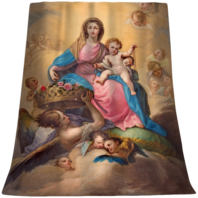 

Mary Praying Rosary Images The Mother Of God And Baby Jesus With Angels Christian Soft Flannel Blanket By Ho Me Lili Home Decor