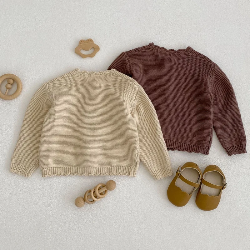 Spring new baby clothing, 0-3 year old boys and girls children's round neck handmade hooked edge clean color knitted sweater 2