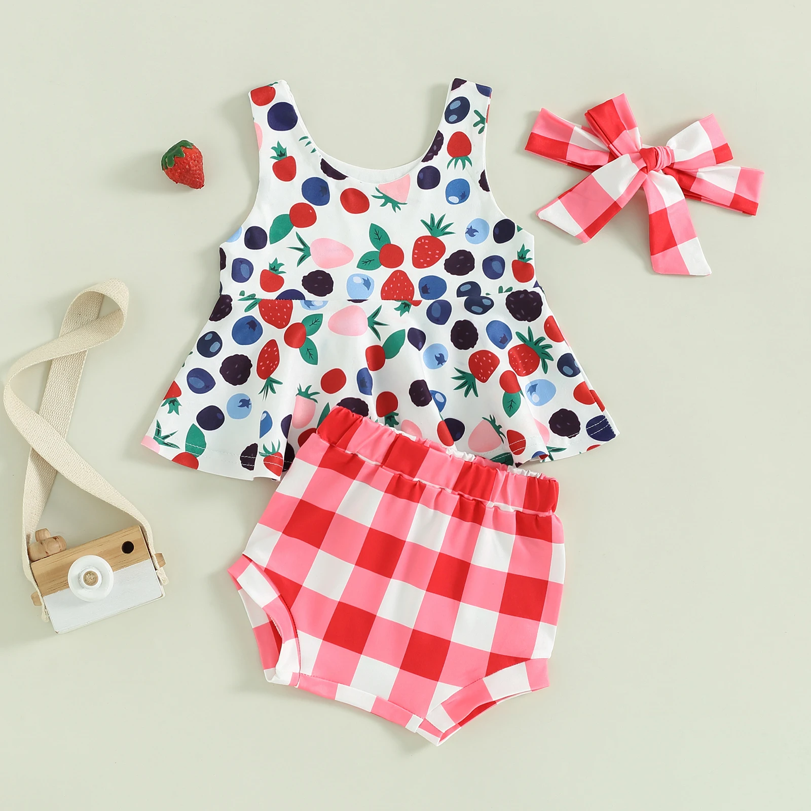 

Детские летние комплекты из 3 предметов с шортами для девочек, без рукавов, с круглым вырезом, бейсбольные майки/топы с принтом фруктов, шорты из ПП, яркие