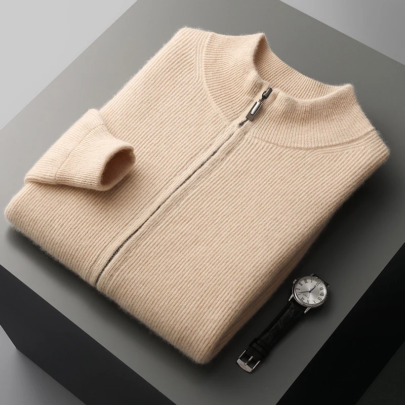Autumn and Winter New 100% Pure Wool Men's Stand Collar Thickened Cardigan  Cashmere Sweater Casual Knitted Large Size Tops 2