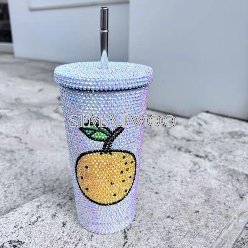 500 ml Strass Stroh Tasse Obst Design Kaffee Becher Doppel Schicht Eis Trinken Vakuum Thermische Isolierte Kolben Handgemachte Bling Geschenk – Detail 4