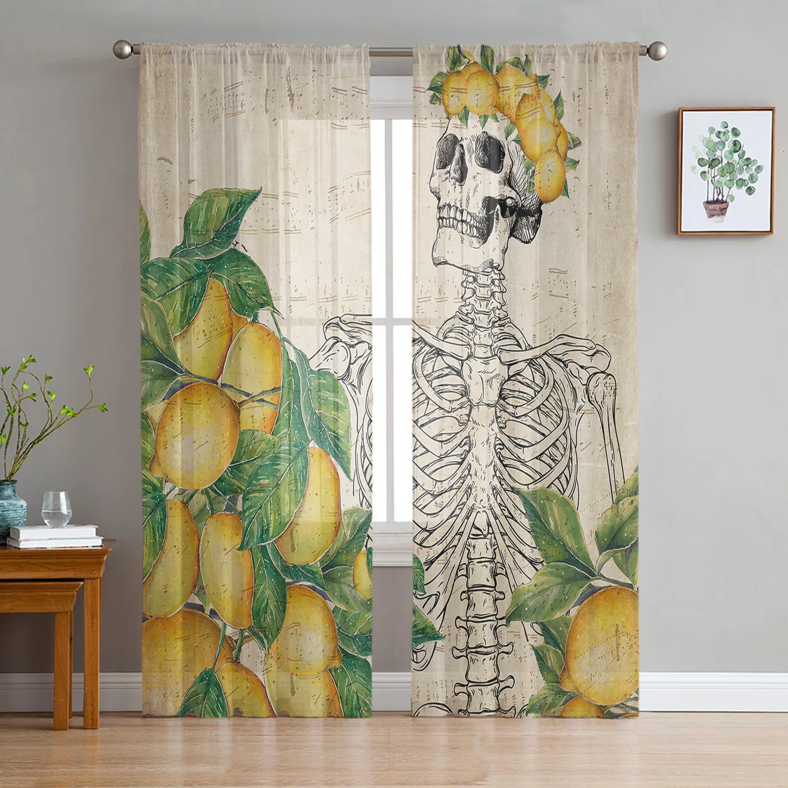 

Skull Fruit Lemon Retro Tulle Curtains For Living Room Bedroom Kitchen Decoration Chiffon Window Treatments Voile Sheer Curtain