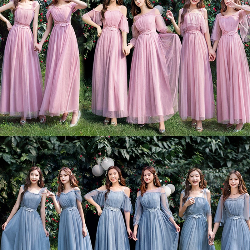 Sweet Memory Cheap Bridesmaid Dress Champagne Pink Gray Blue Mesh Netting Tulle Communion Vestido Women Wedding Guest Dresses