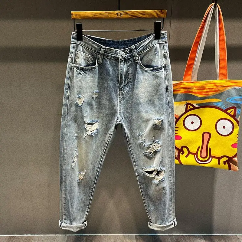 American style retro high street trendy beggar summer thin cropped Harem jeans men's loose fitting pants ripped  jeans for men