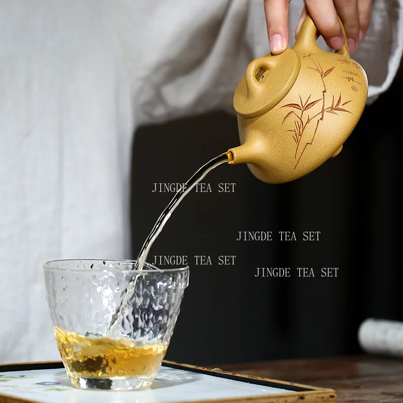 230ml Yixing Teapot Golden Section Mud Bamboo Shadow Stone Ladle Pot Household Mesh Green Tea, Black Tea, Pu Erh Teapot