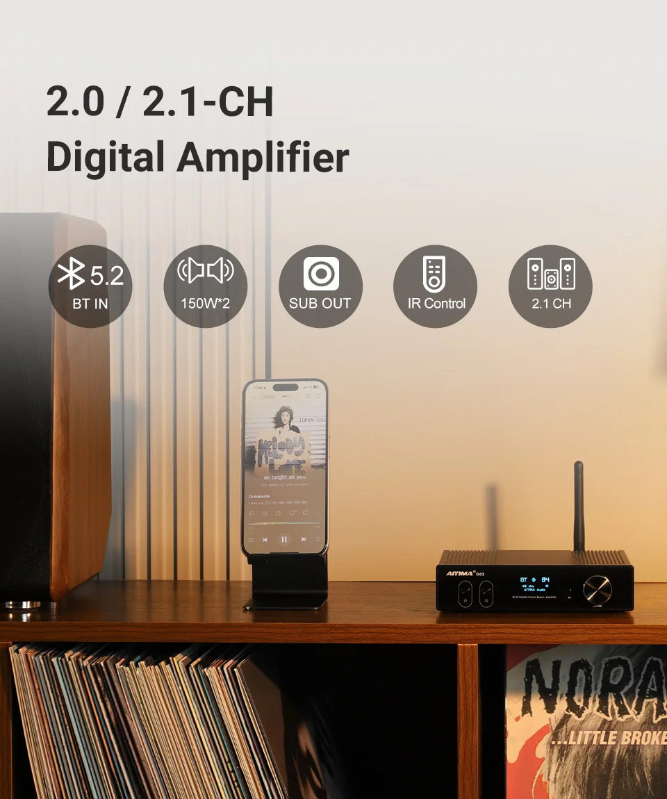 Aiyima audio d03 bluetooth 5,0 verstärker 2,1 wx2 stereo hifi drahtlose digitale sound leistung subwoofer verstärker usb dac aptx – Detail 9